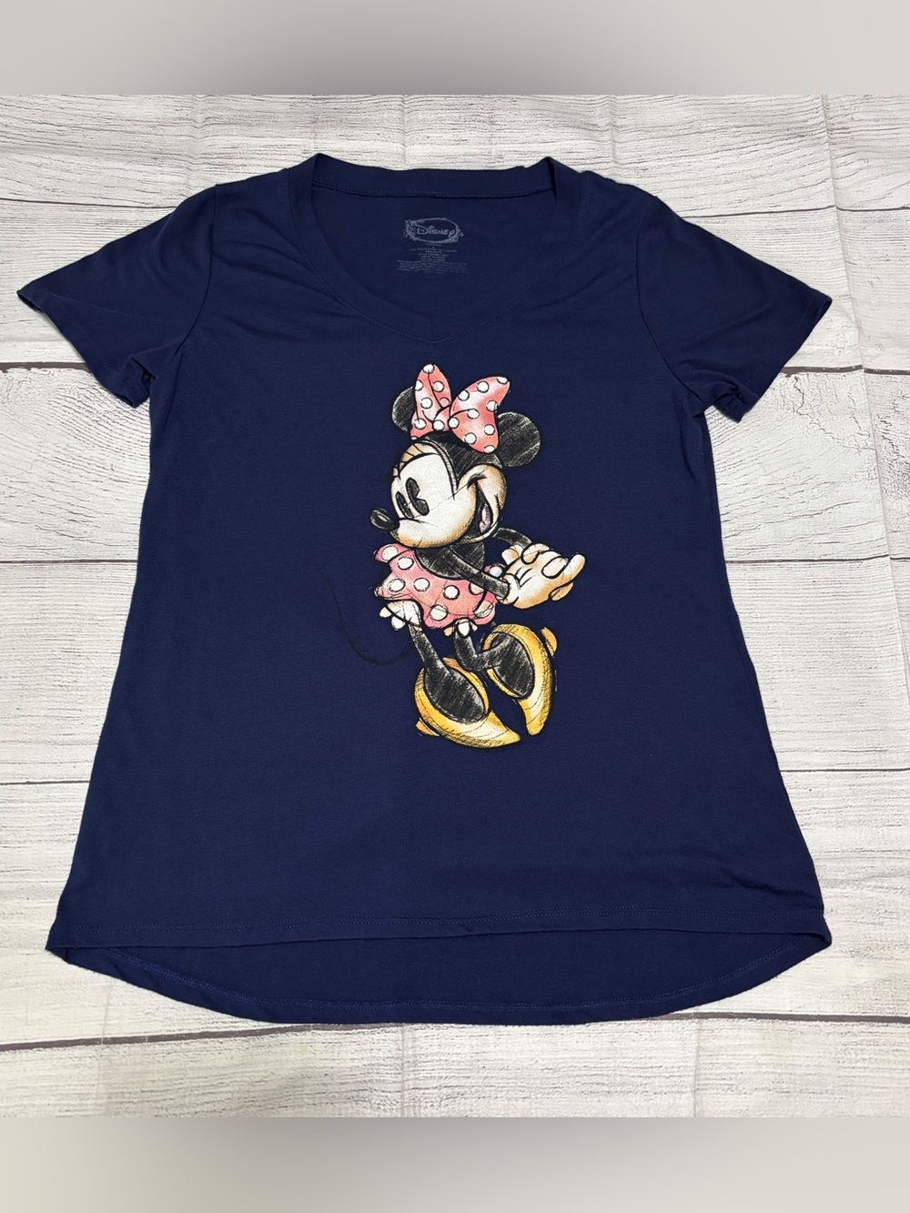Disney Minnie Mouse Womens Size Large Graphic V-Neck T-Shirt Navy Blue